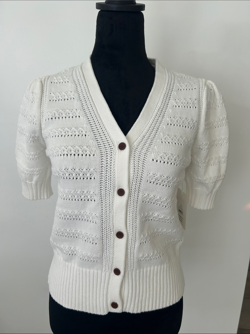 Short-Sleeve White Knit Button Cardigan